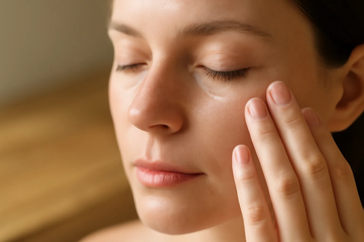 Woman applying serum under eye on clean skin in natural light