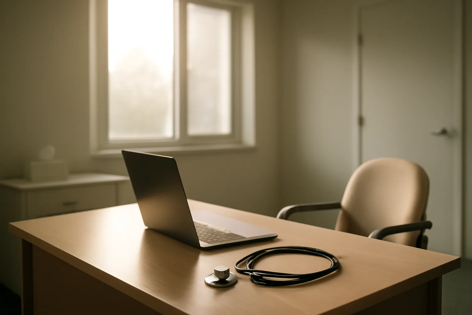 Empty medical consultation room with desk and laptop, representing pregnancy safety discussions