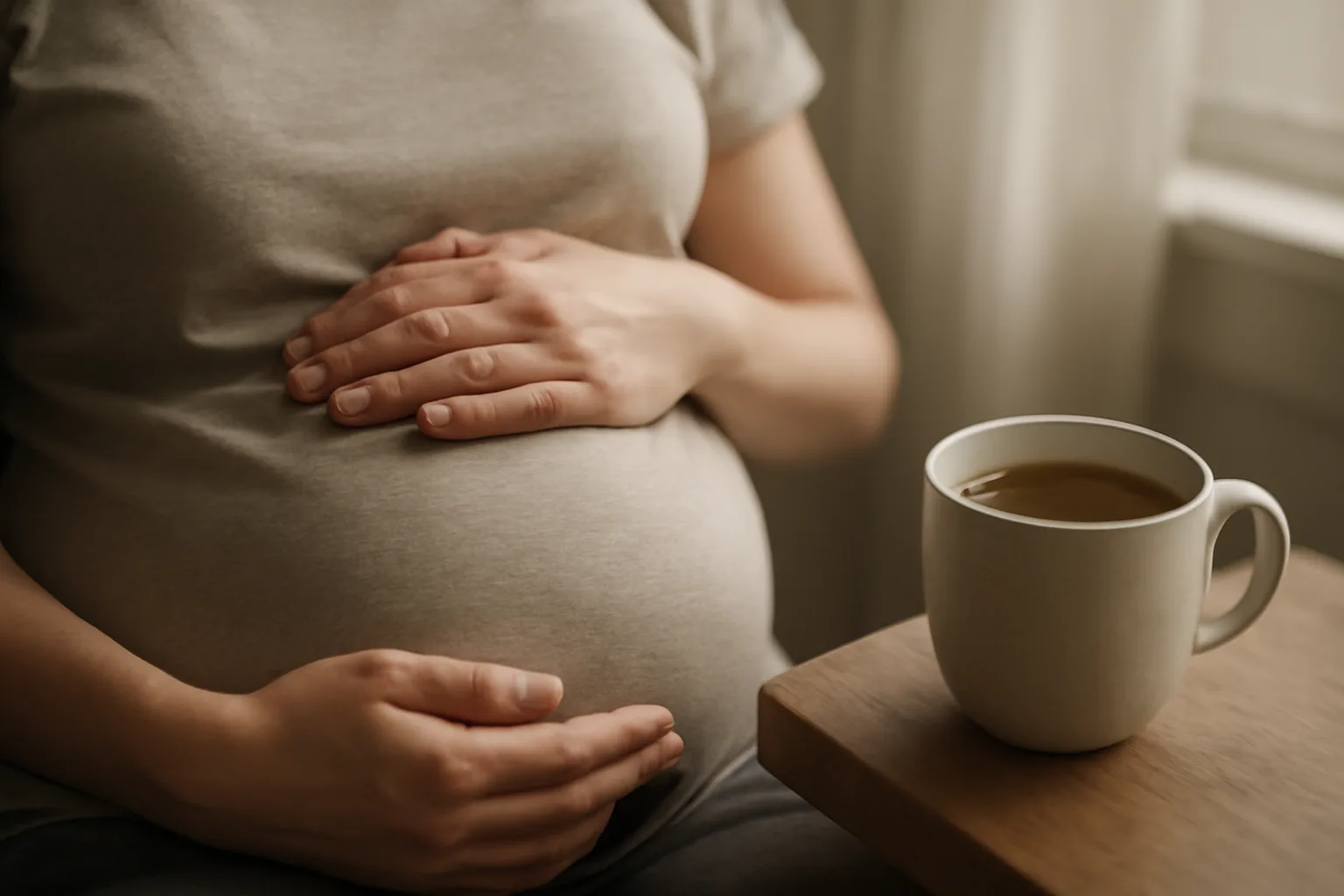 Pregnant woman's hands on abdomen with tea, representing prenatal health decisions