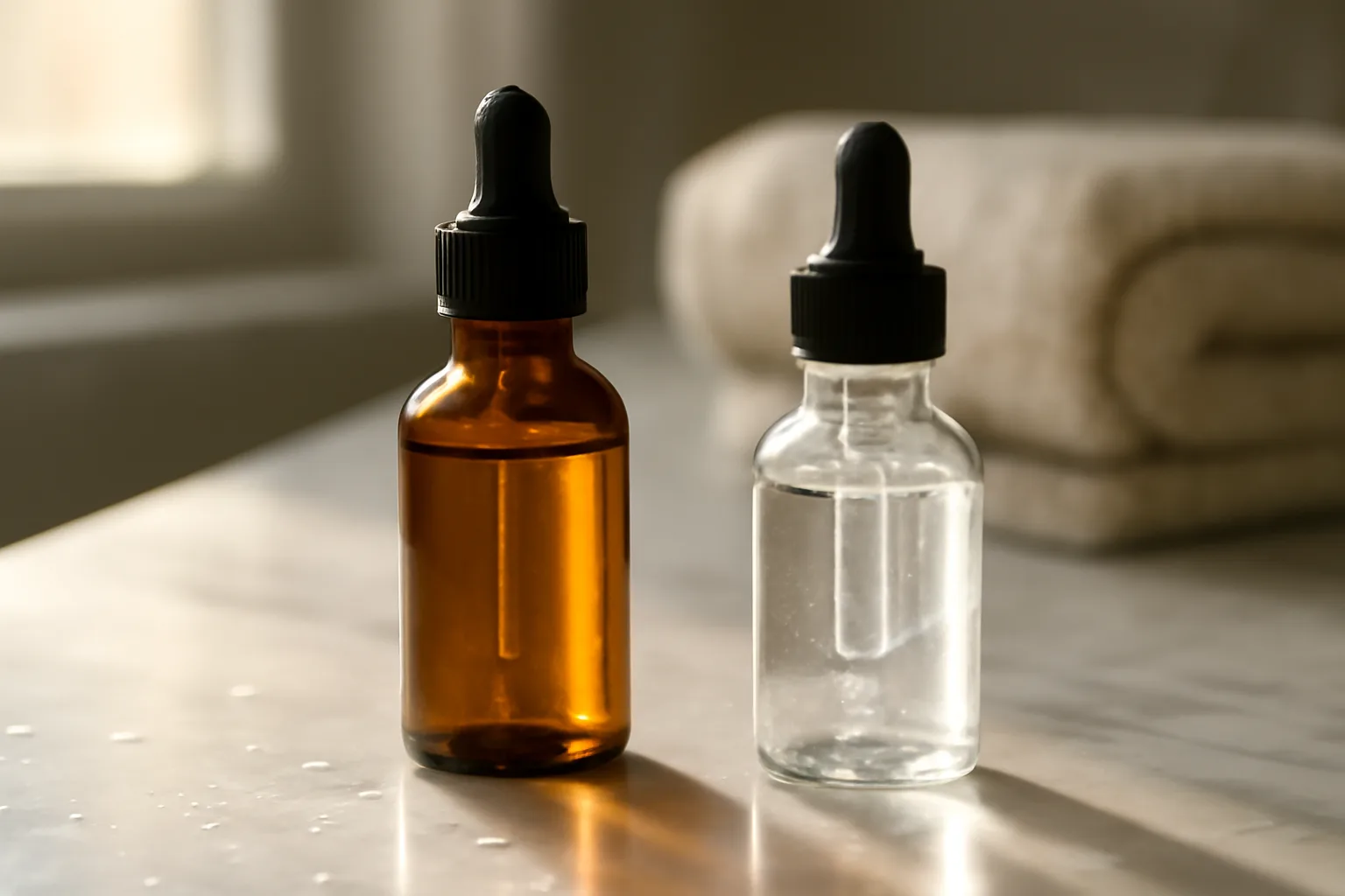 Two serum bottles on marble counter illustrating layered skincare routine timing