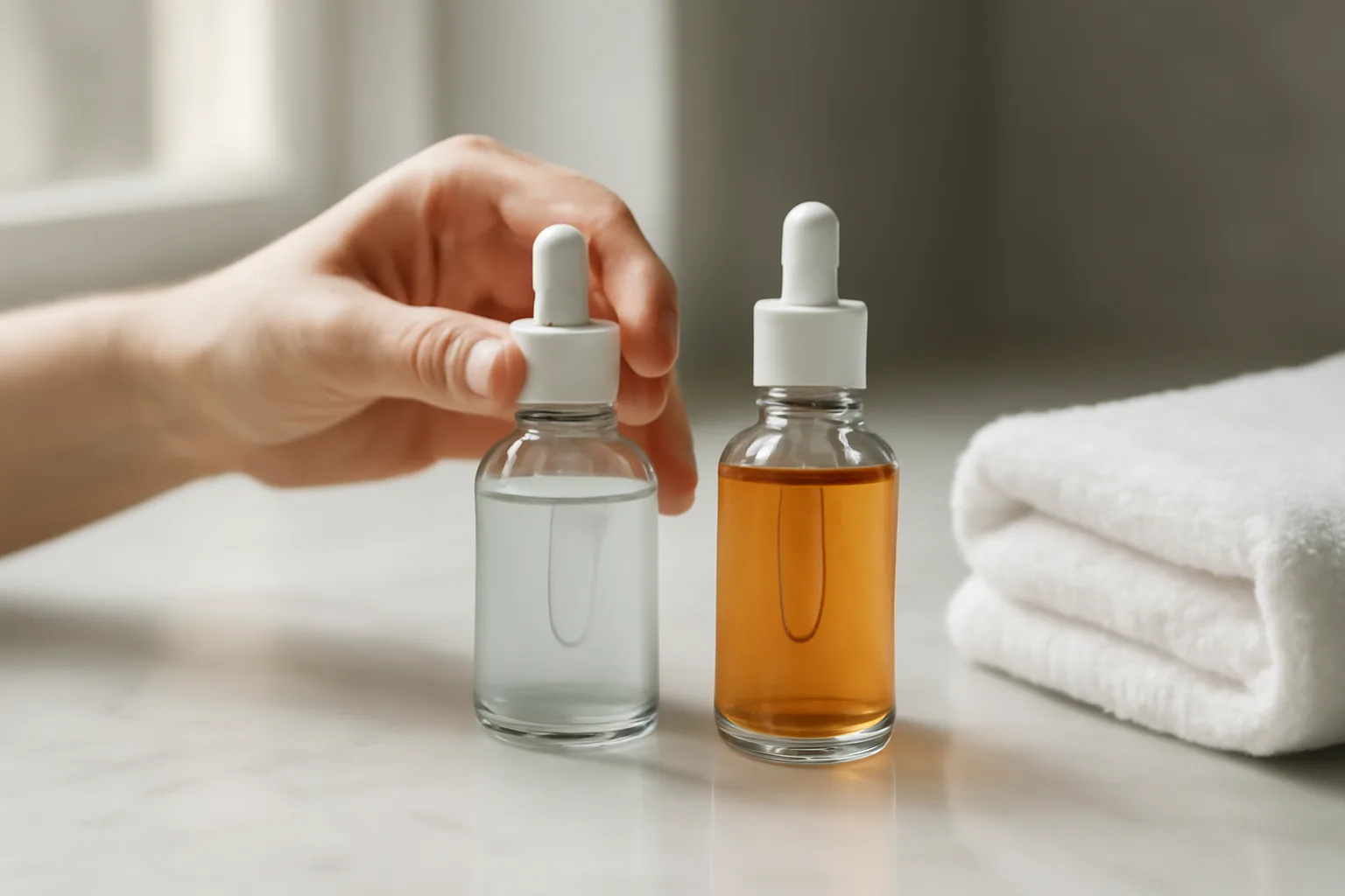 Two skincare serum bottles on marble counter representing tretinoin and copper peptide combination