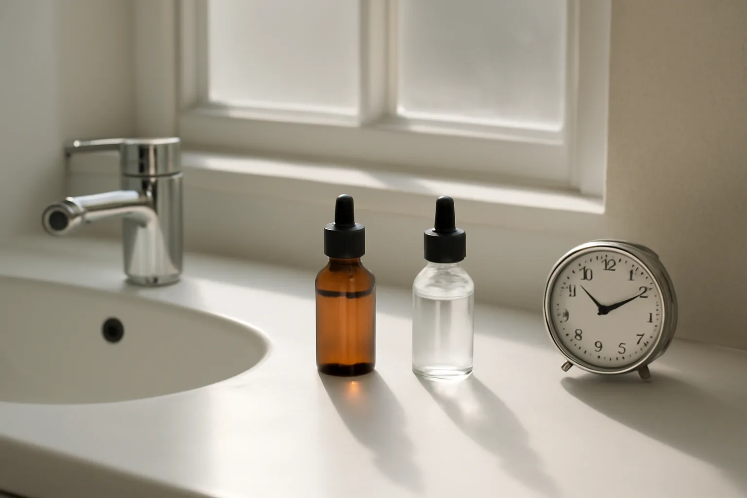 Two serum bottles on bathroom counter illustrating separation for vitamin C and copper peptide application