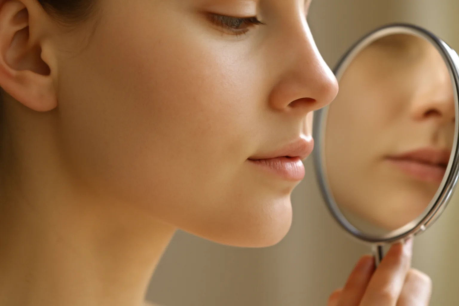 Woman examining facial skin tone in mirror for pigmentation changes