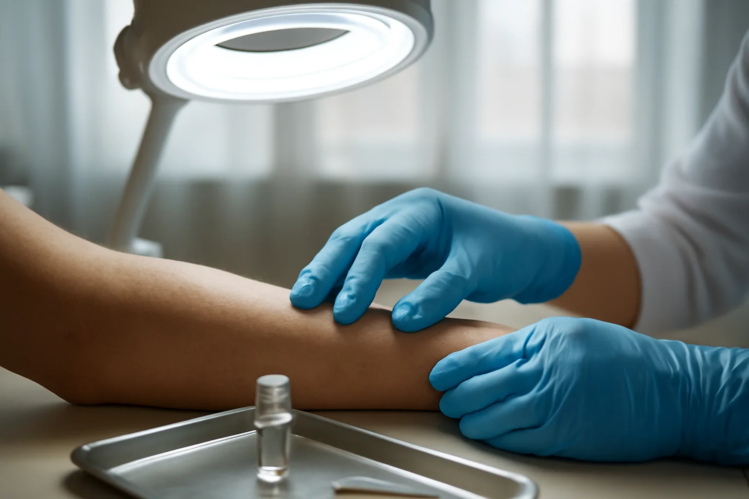 Clinician examining a patient's forearm skin for reaction during copper peptide safety check