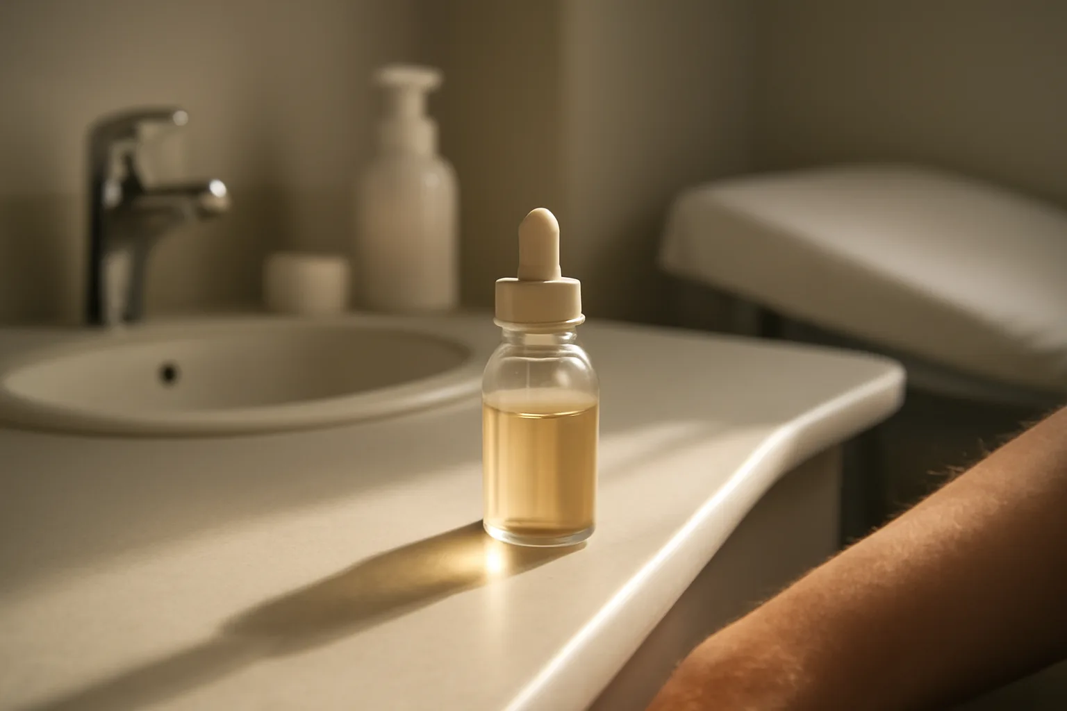 Dropper bottle and bare skin in soft light, evoking copper peptide cream for loose skin research