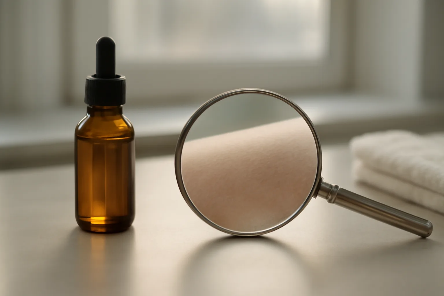 amber dropper bottle and magnifier on a clinical countertop suggesting copper peptide face cream testing