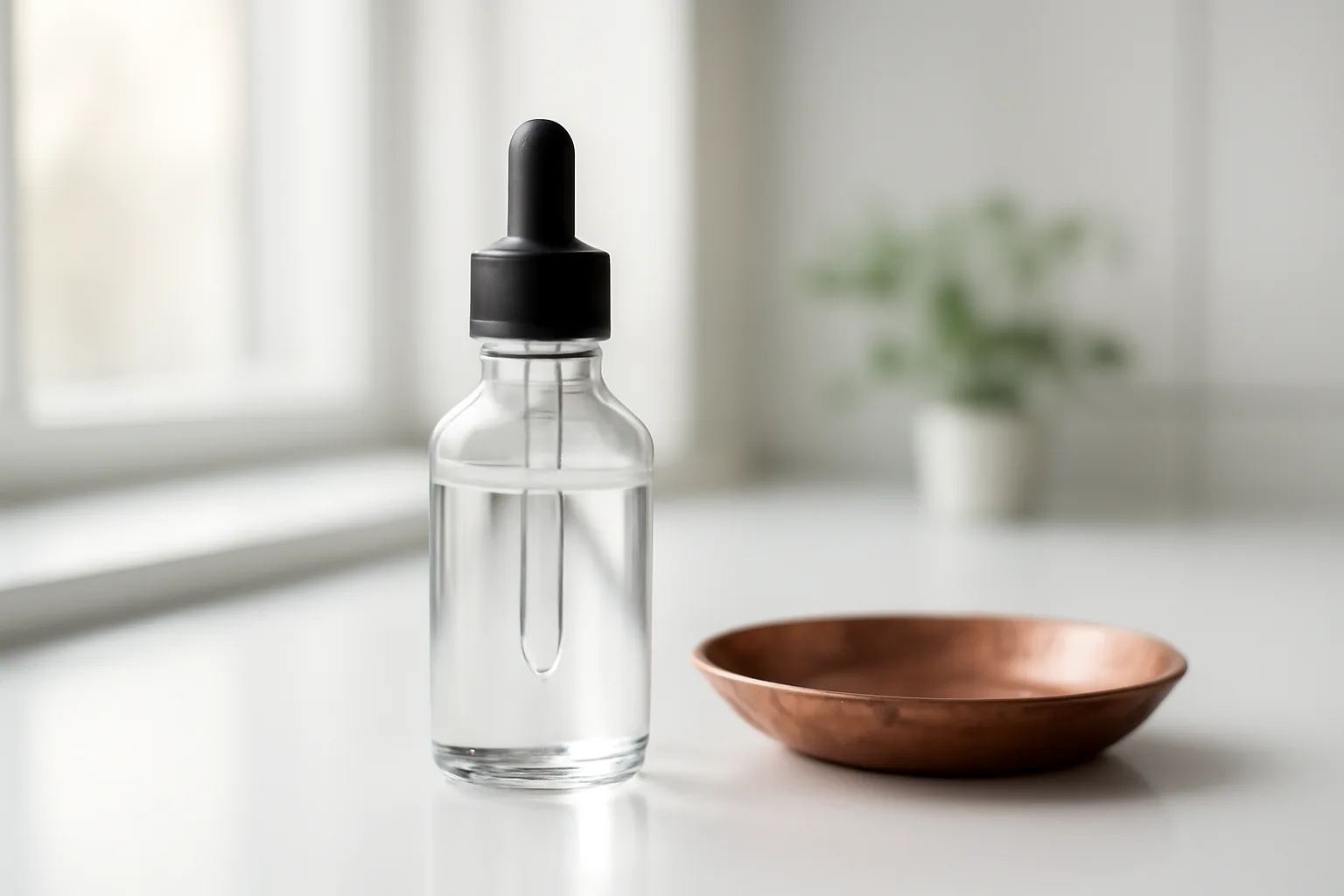 Clear dropper bottle and copper dish on laboratory counter with natural light