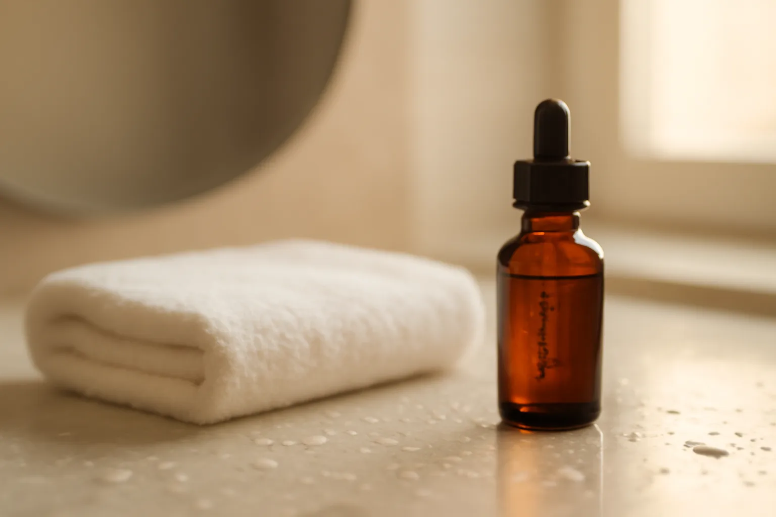 Amber dropper bottle on a bathroom counter suggesting a copper peptide serum routine