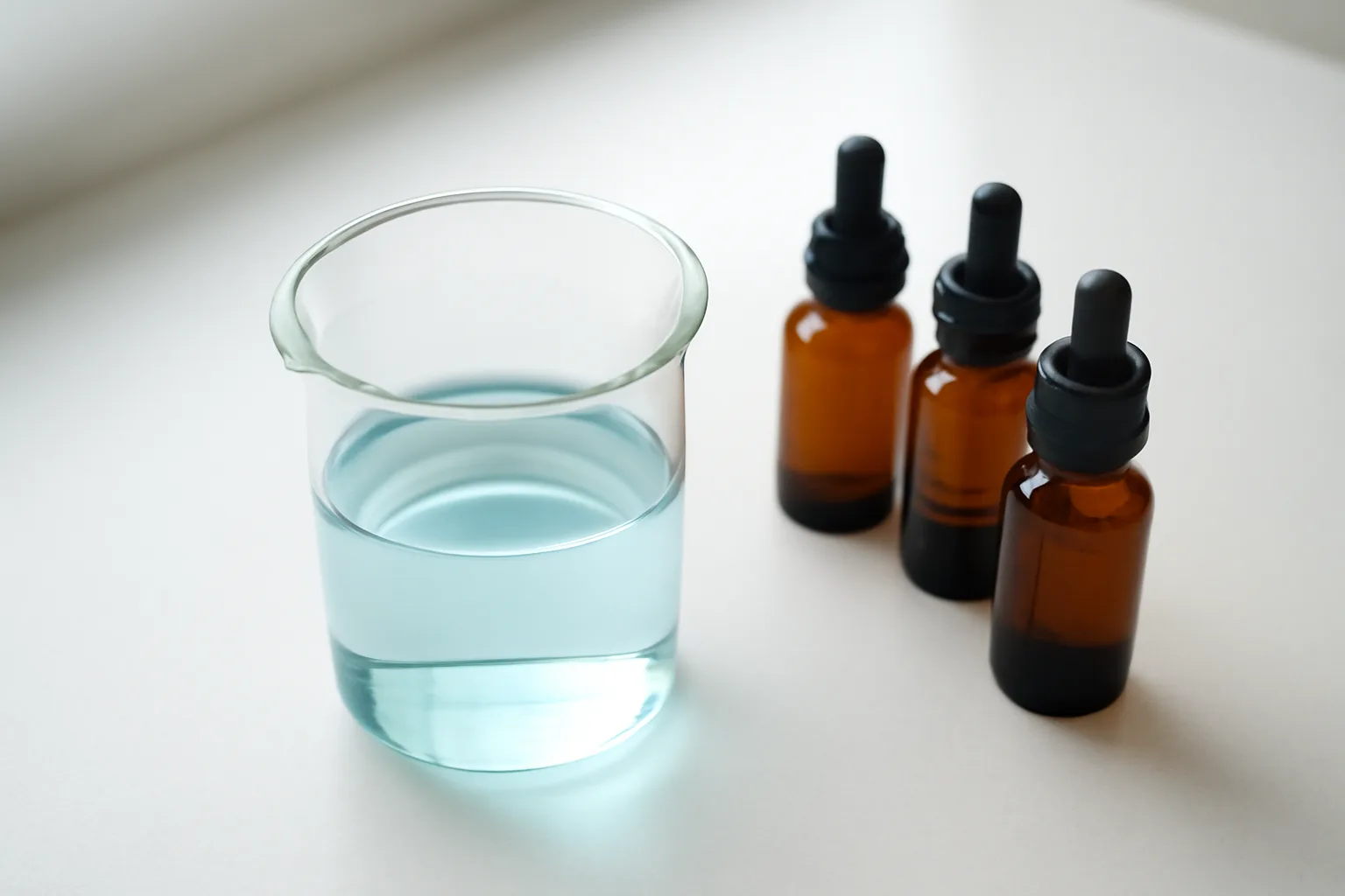 Clear beaker with blue solution on lab counter representing copper peptide formulation research