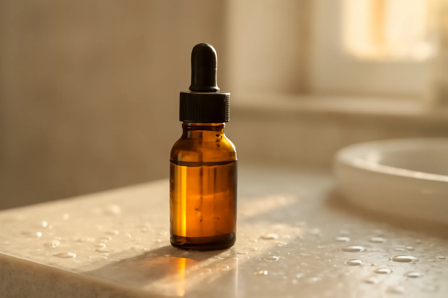 Amber glass dropper bottle of face serum in soft morning light