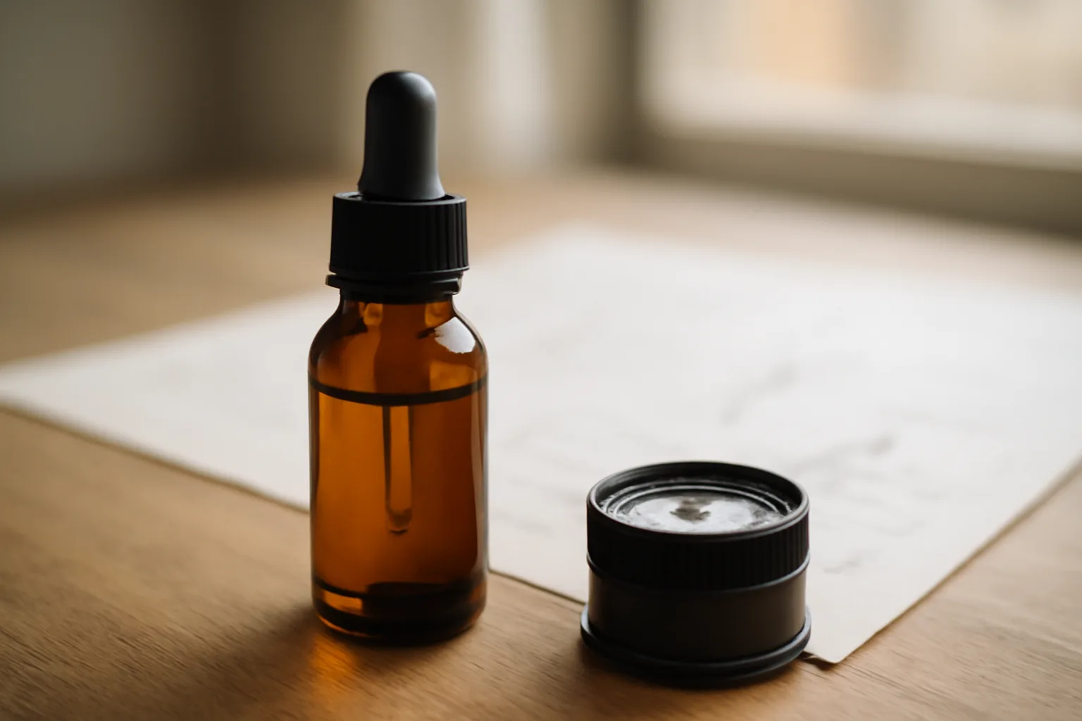 Amber dropper bottle and loupe on a bench, evoking copper peptide hair research