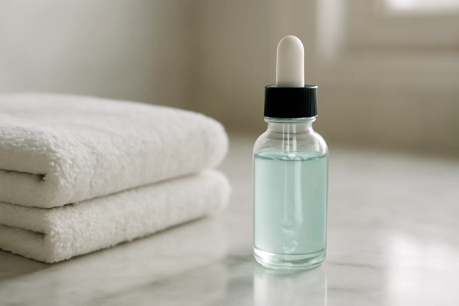 Dropper bottle of copper-toned serum on a marble counter in soft morning light
