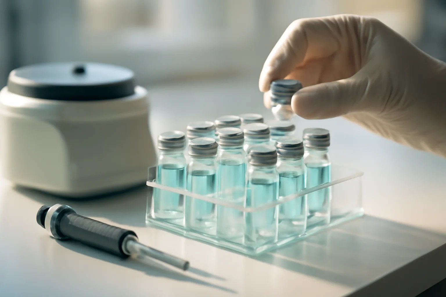 Lab vials of blue-green copper peptide solution on a dermatology research bench