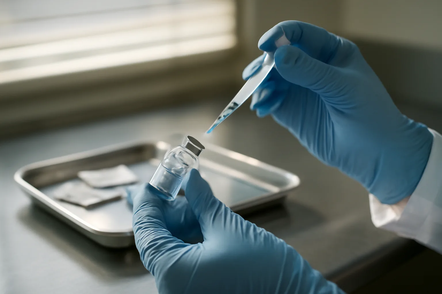 Gloved hands preparing a syringe and vial for a GHK-Cu peptide injection in a clinic