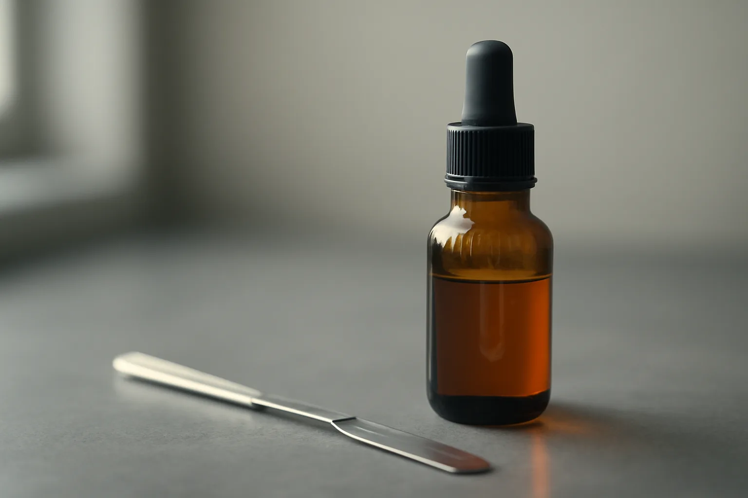 Amber dropper bottle and lab spatula on a counter, representing GHK-Cu peptide sourcing