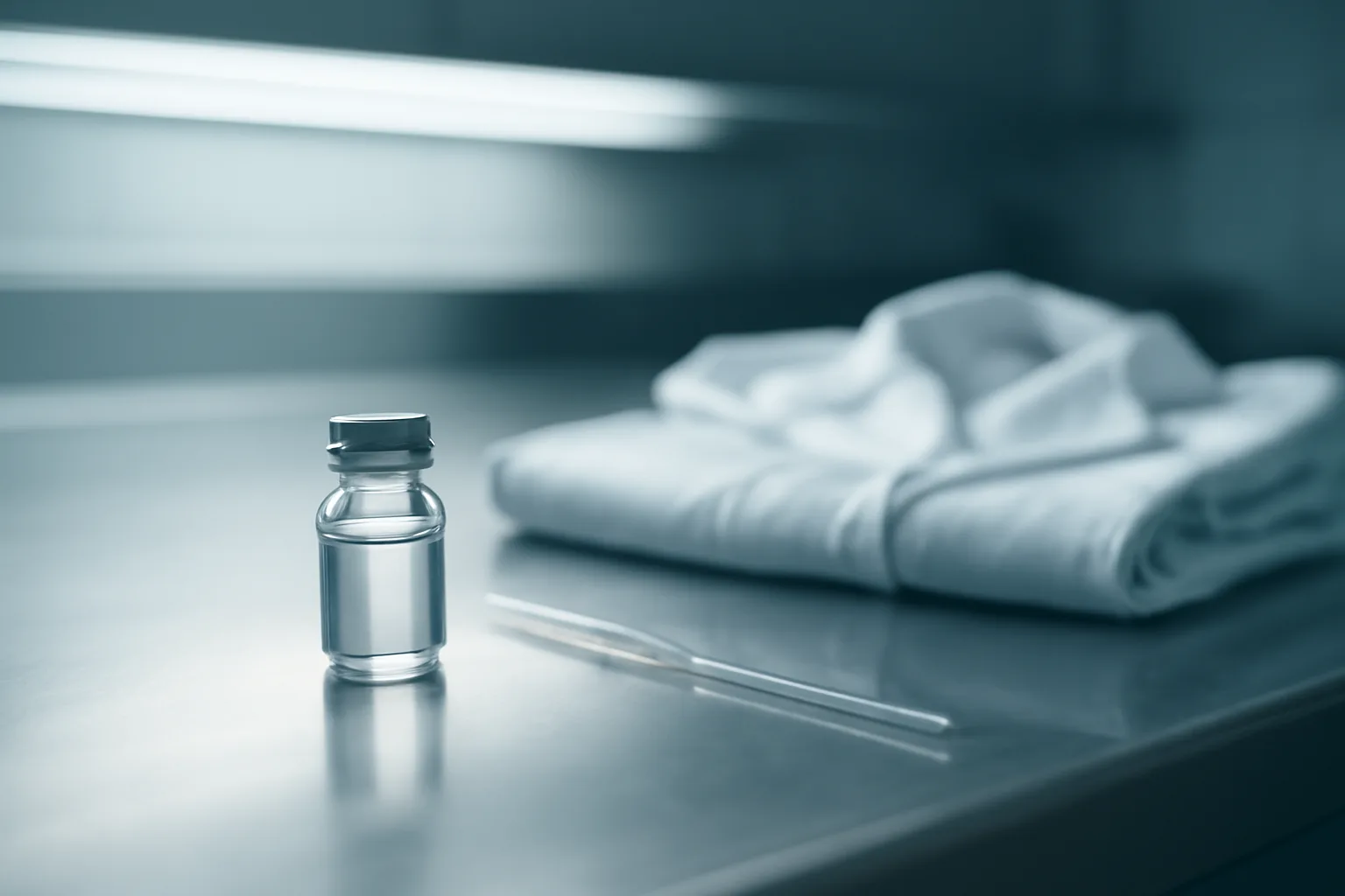Glass vial and pipette on a stainless steel lab bench under fluorescent light