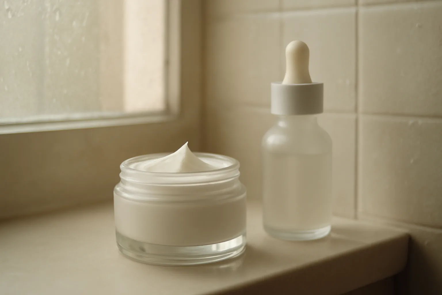 Glass jar of face cream and dropper bottle on a bathroom shelf in morning light