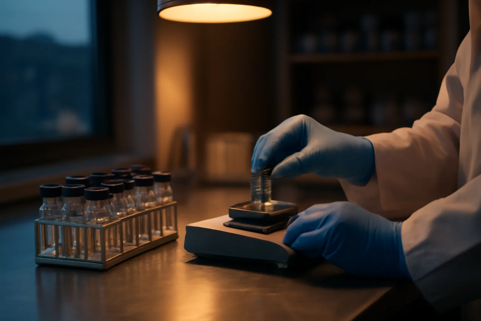 Pharmacist's hands preparing glass vials on a stainless steel compounding counter