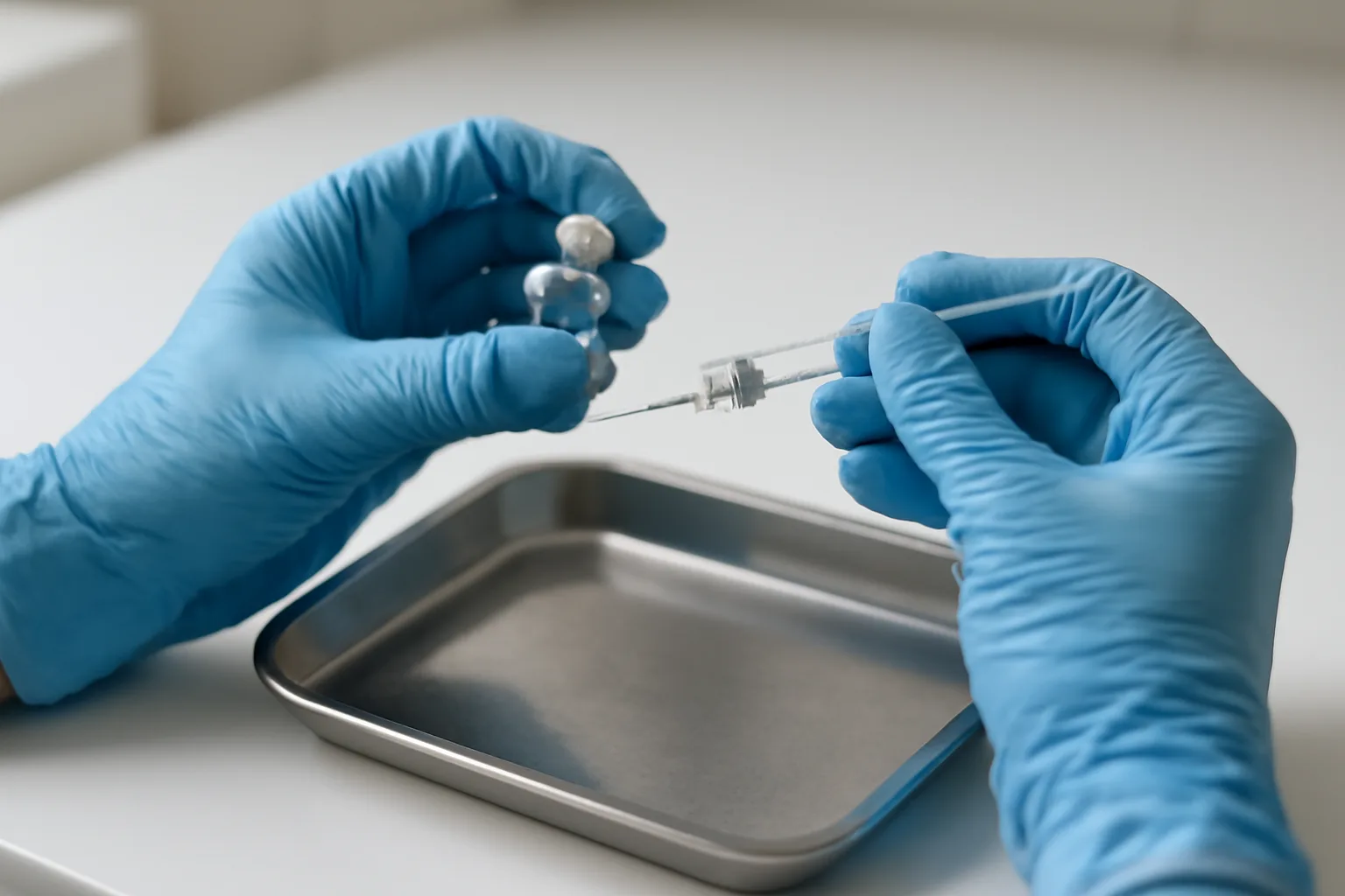 Gloved hands preparing a syringe and vial on a clinical tray, illustrating GHK-Cu injection practice