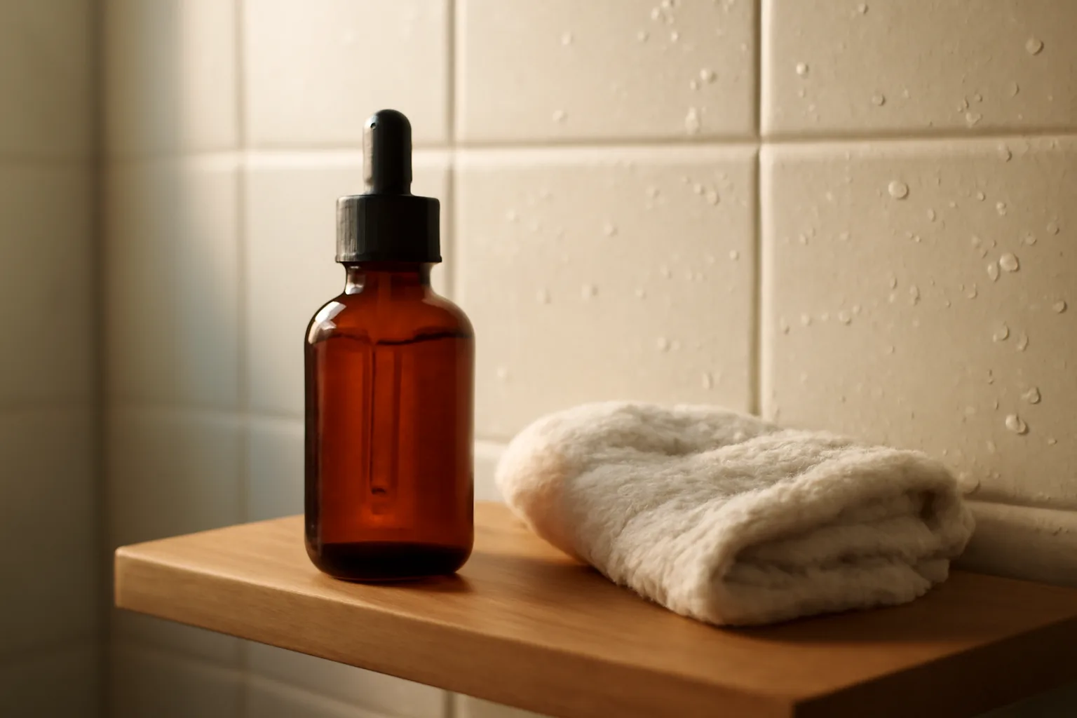 Amber glass bottle on a bathroom shelf suggesting a copper peptide shampoo routine