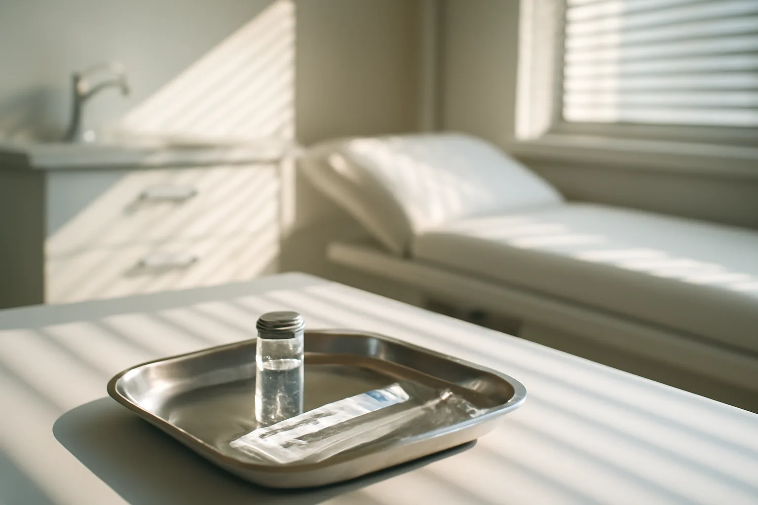 Clinical treatment room at dawn with vial and syringe, illustrating best time to inject GHK-Cu peptide