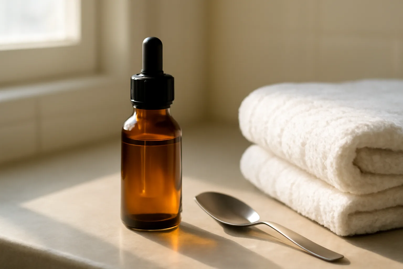 Amber dropper bottle on bathroom counter in morning light, representing GHK-Cu peptide timing routine