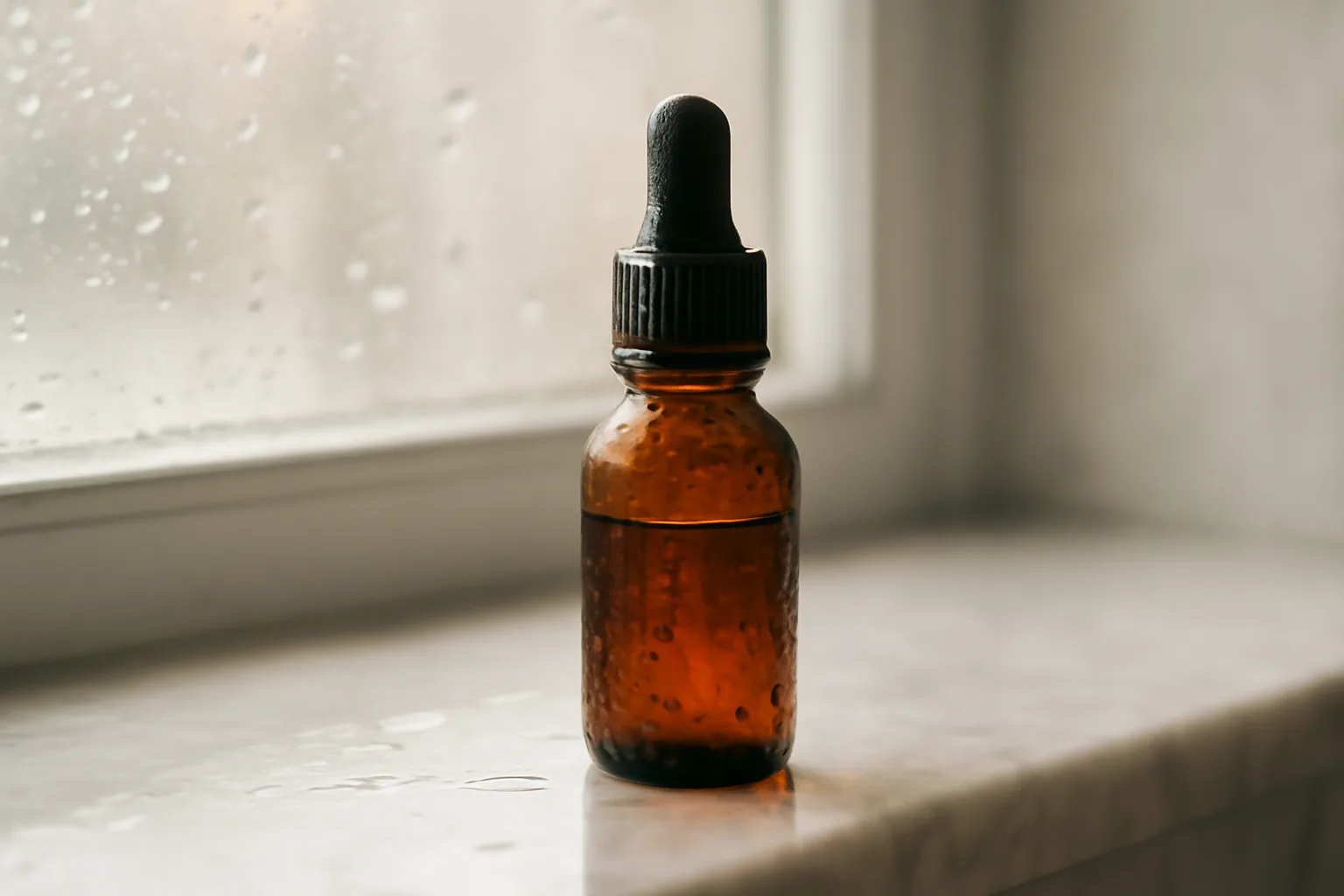 amber glass dropper bottle representing a topical GHK-Cu serum on a counter