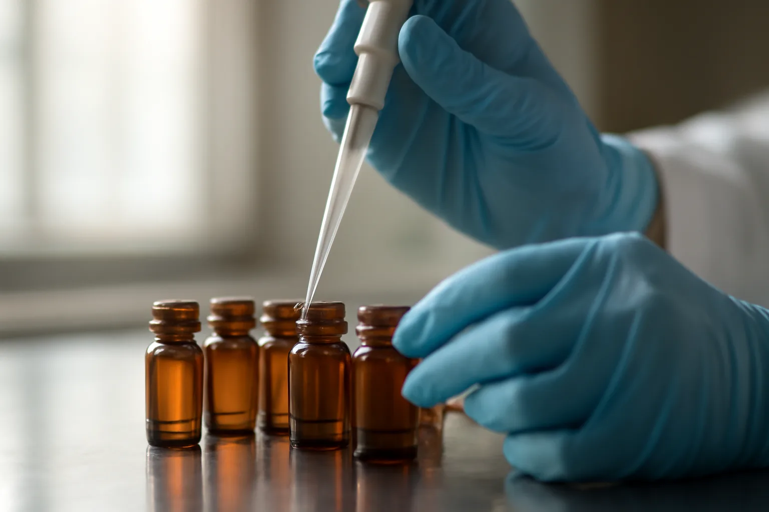 Researcher's gloved hands pipetting into amber vials, illustrating GHK-Cu peptide preparation routes