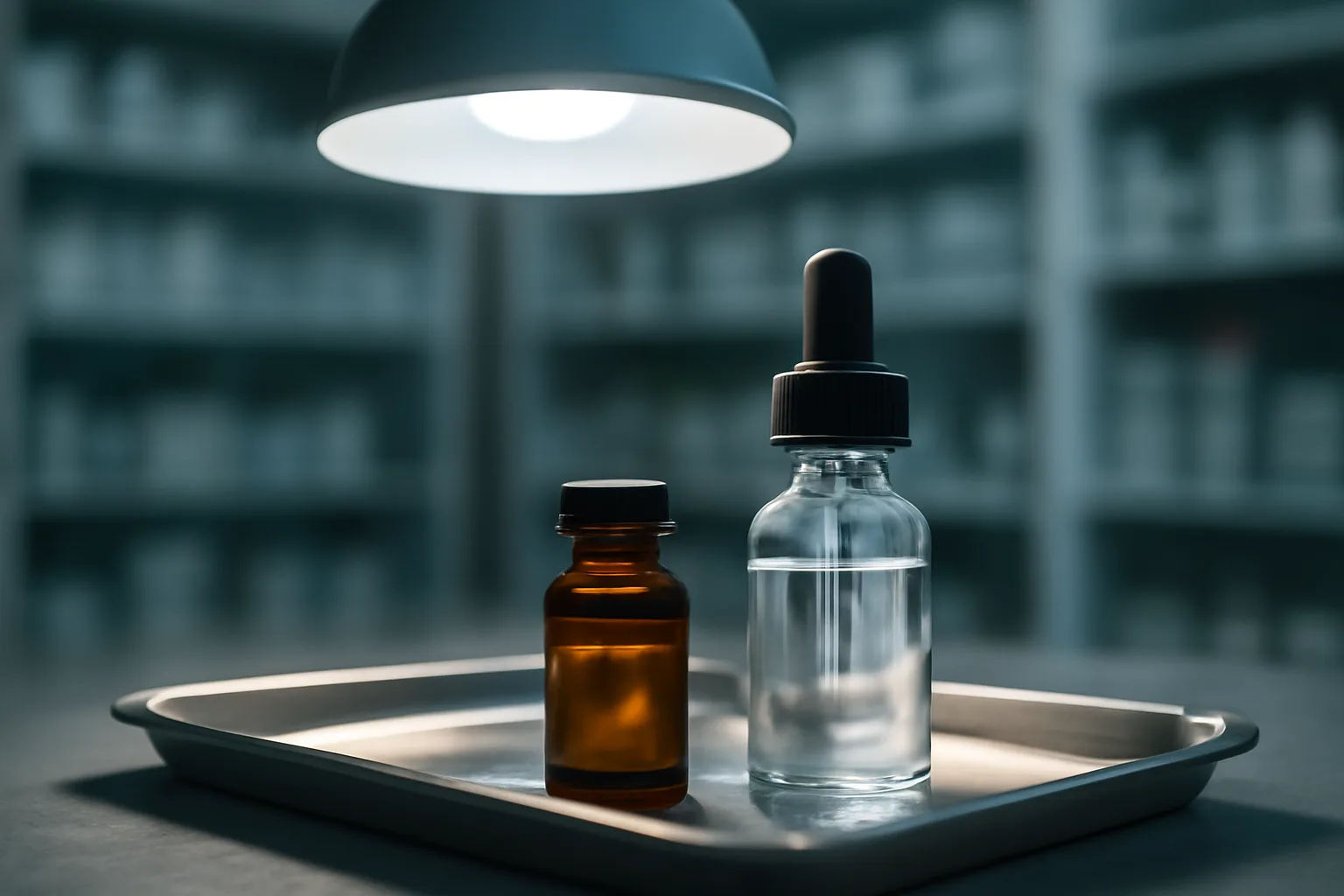 Amber glass vial and dropper bottle on a steel tray in a pharmacy prep room
