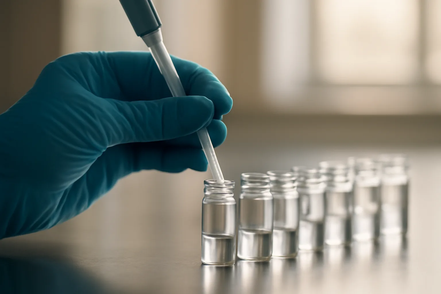 Gloved hand pipetting solution into glass vials during copper peptide GHK-Cu lab research