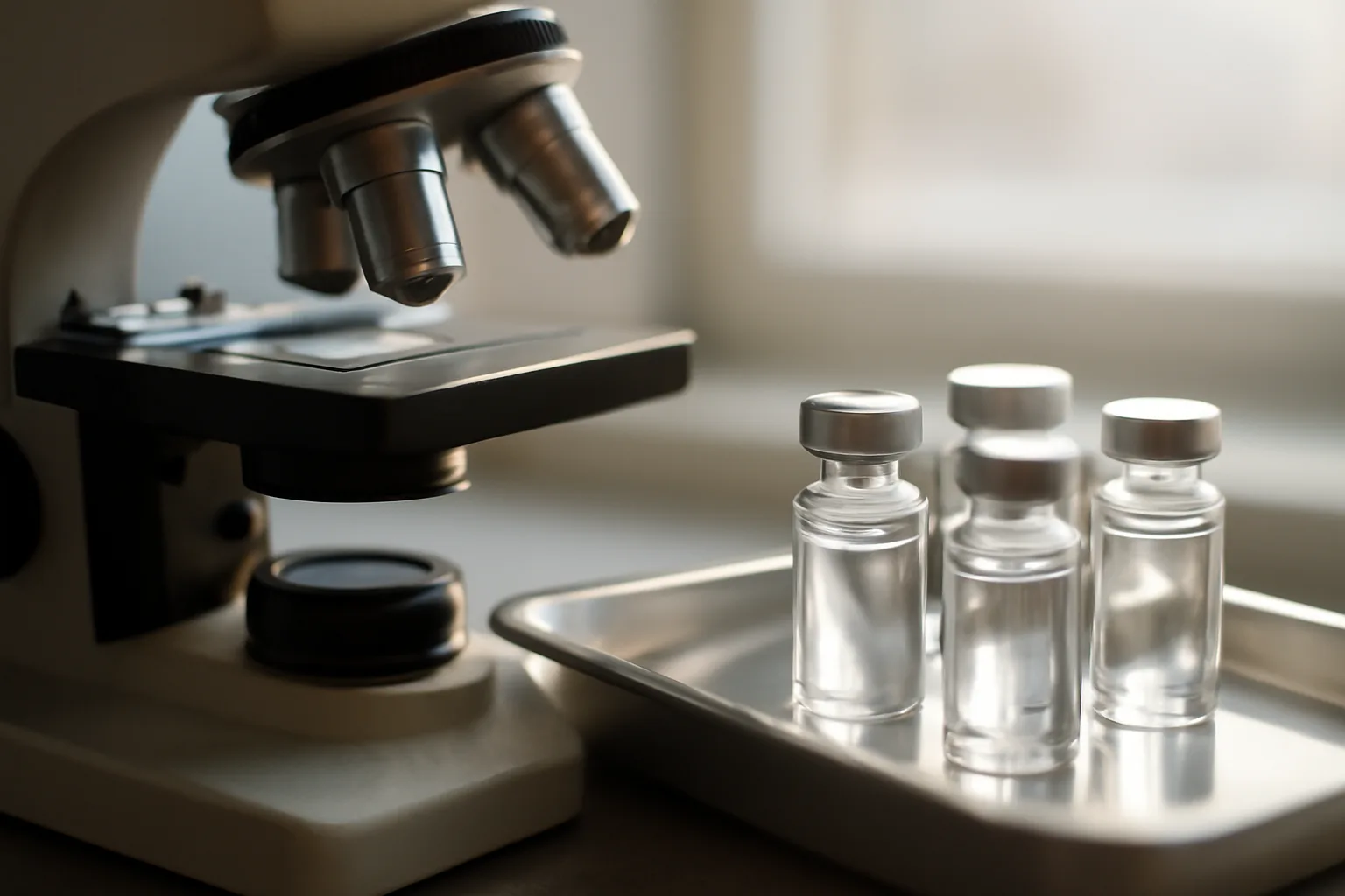 Lab microscope and glass vials representing copper peptide GHK-Cu hair growth research