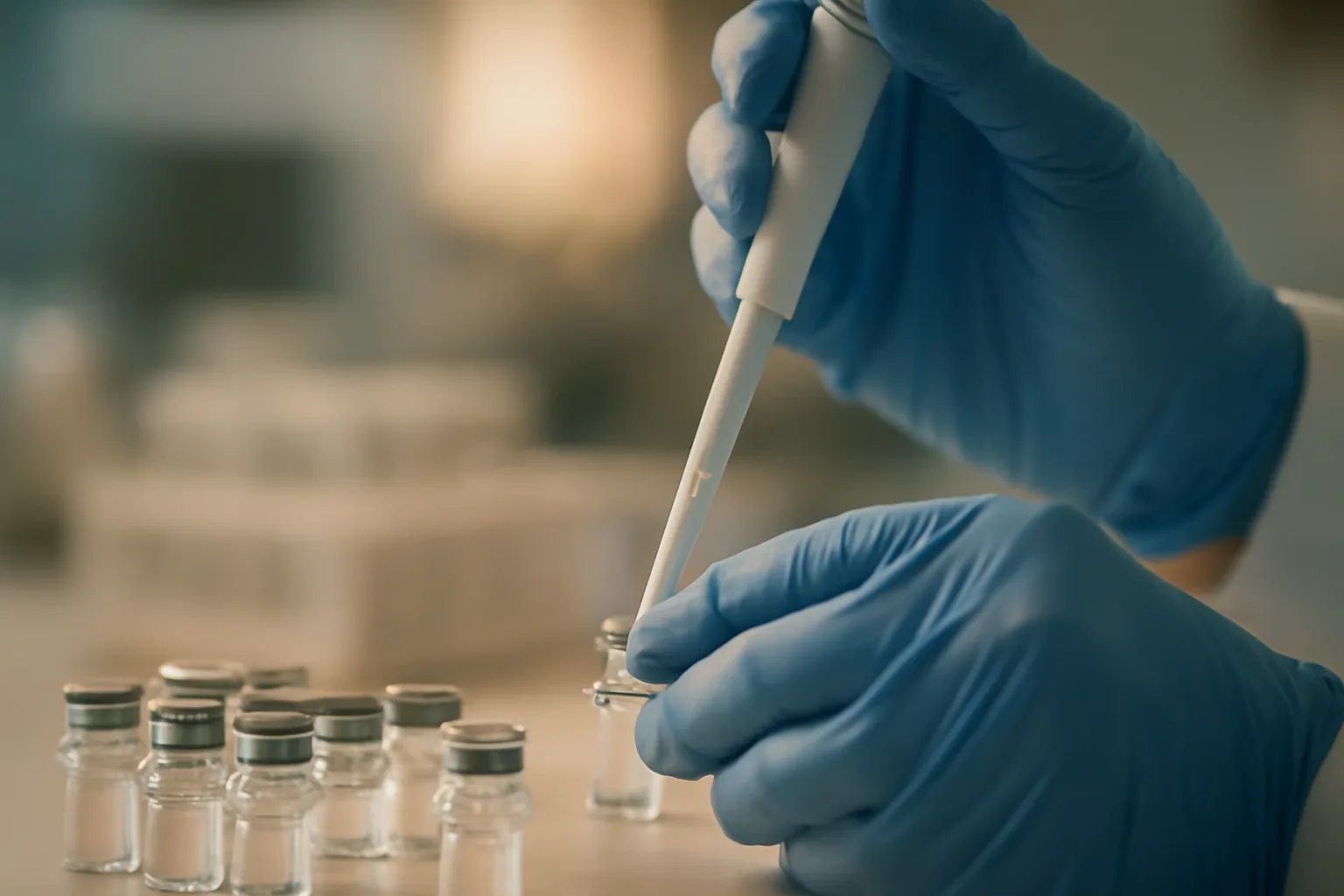 Lab researcher pipetting samples during copper peptide GHK-Cu research testing