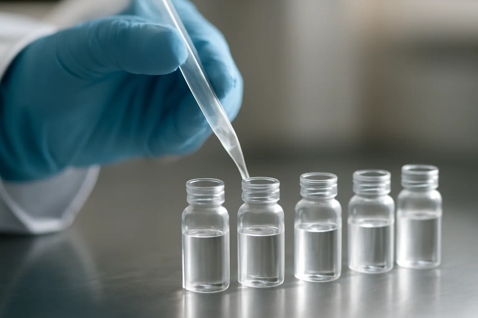Lab technician pipetting solution into vials during copper peptide hair growth research