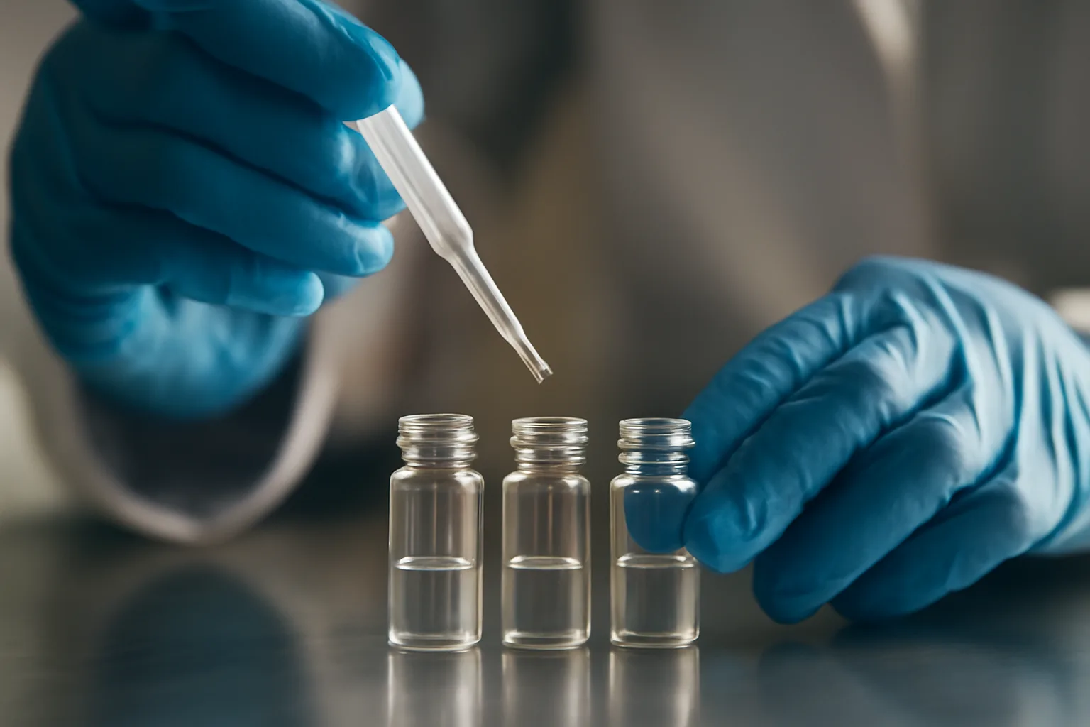Lab technician pipetting samples during copper peptide research on hair growth science