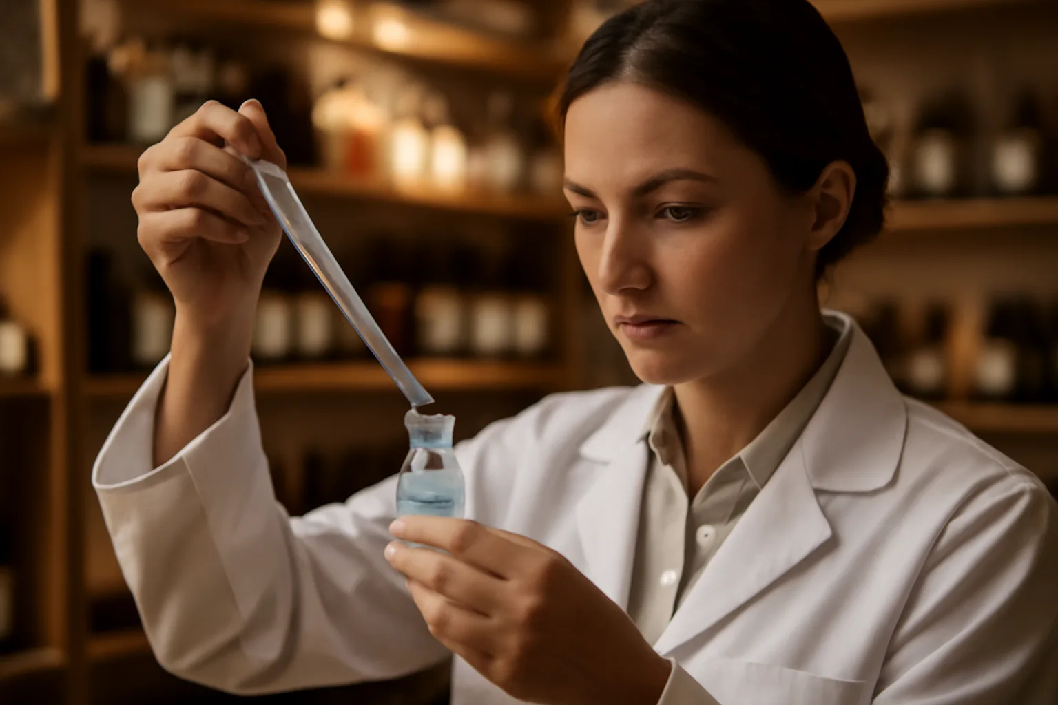 Pharmacist measuring a blue copper peptide compound in a pharmacy setting