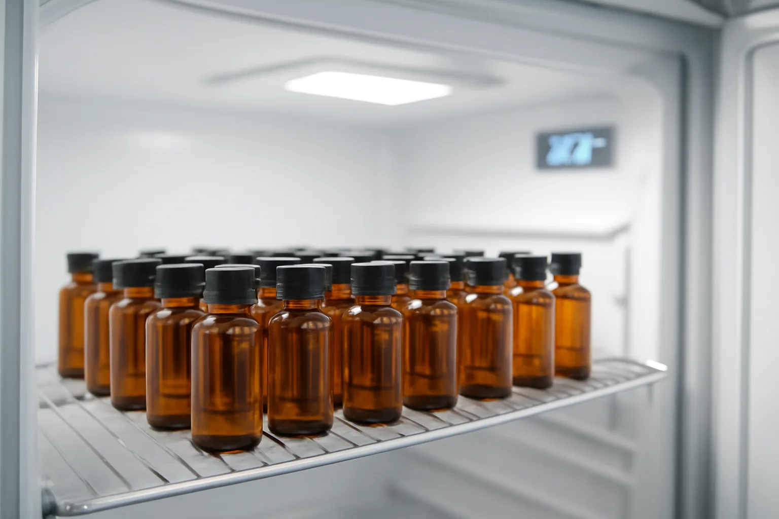 Pharmaceutical vials stored in laboratory refrigerator for peptide preservation