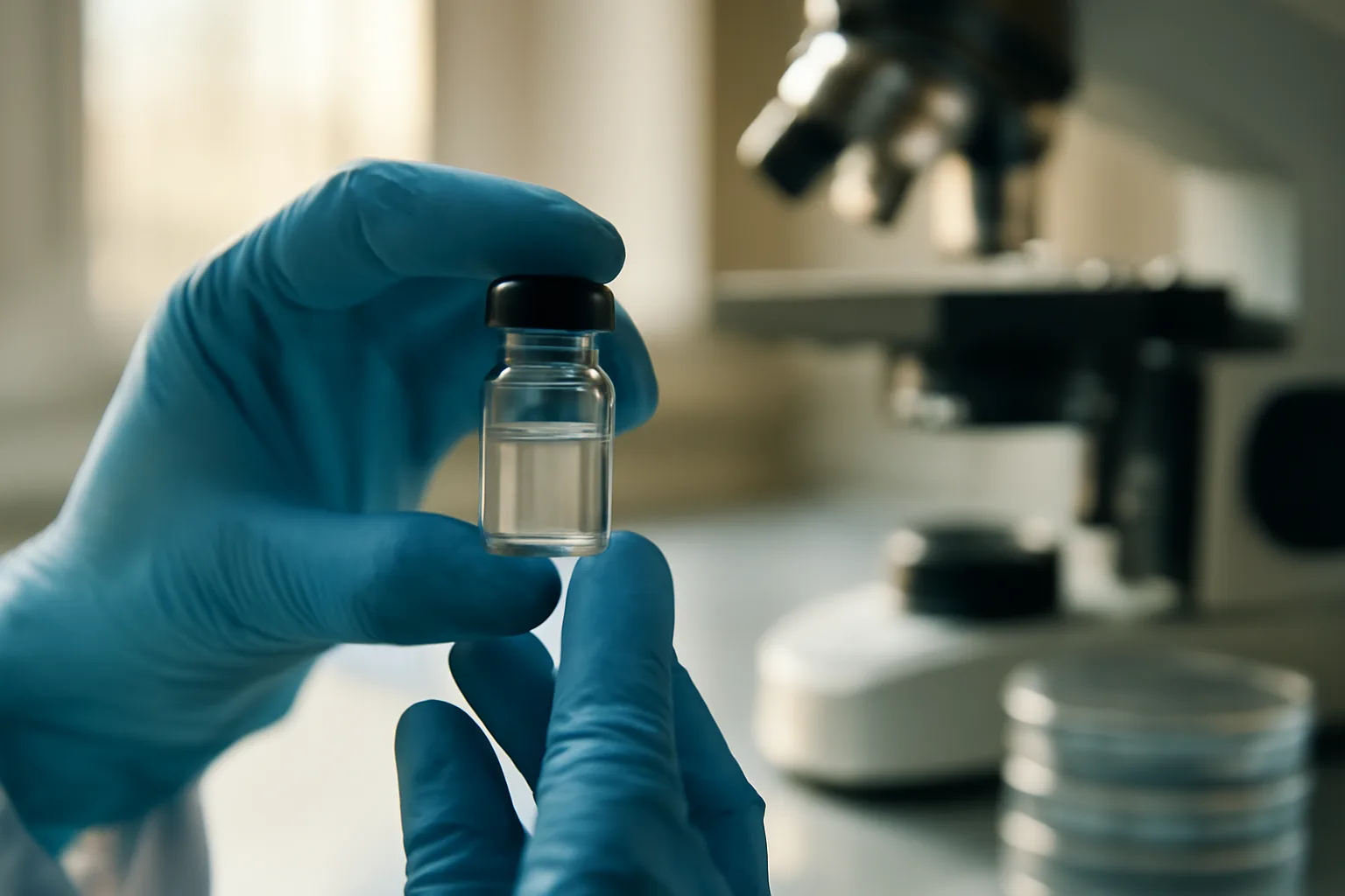 Gloved hands hold a glass vial in a lab, representing copper peptide hair growth research