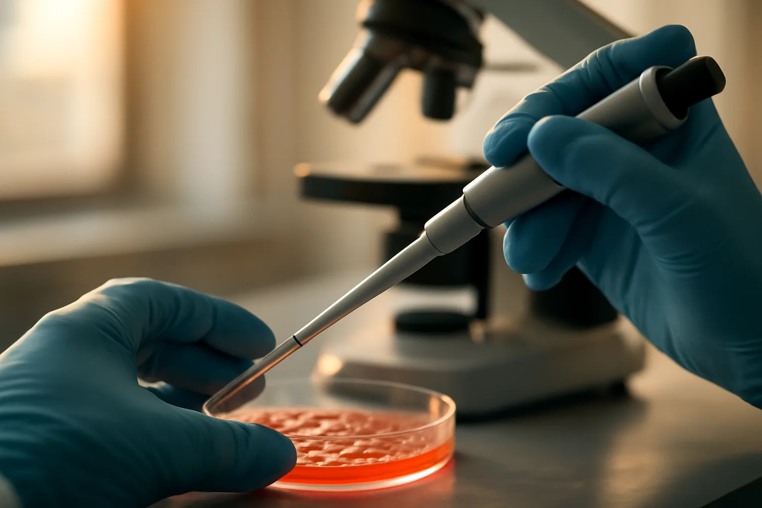 Lab researcher pipetting cell culture samples during peptide research study