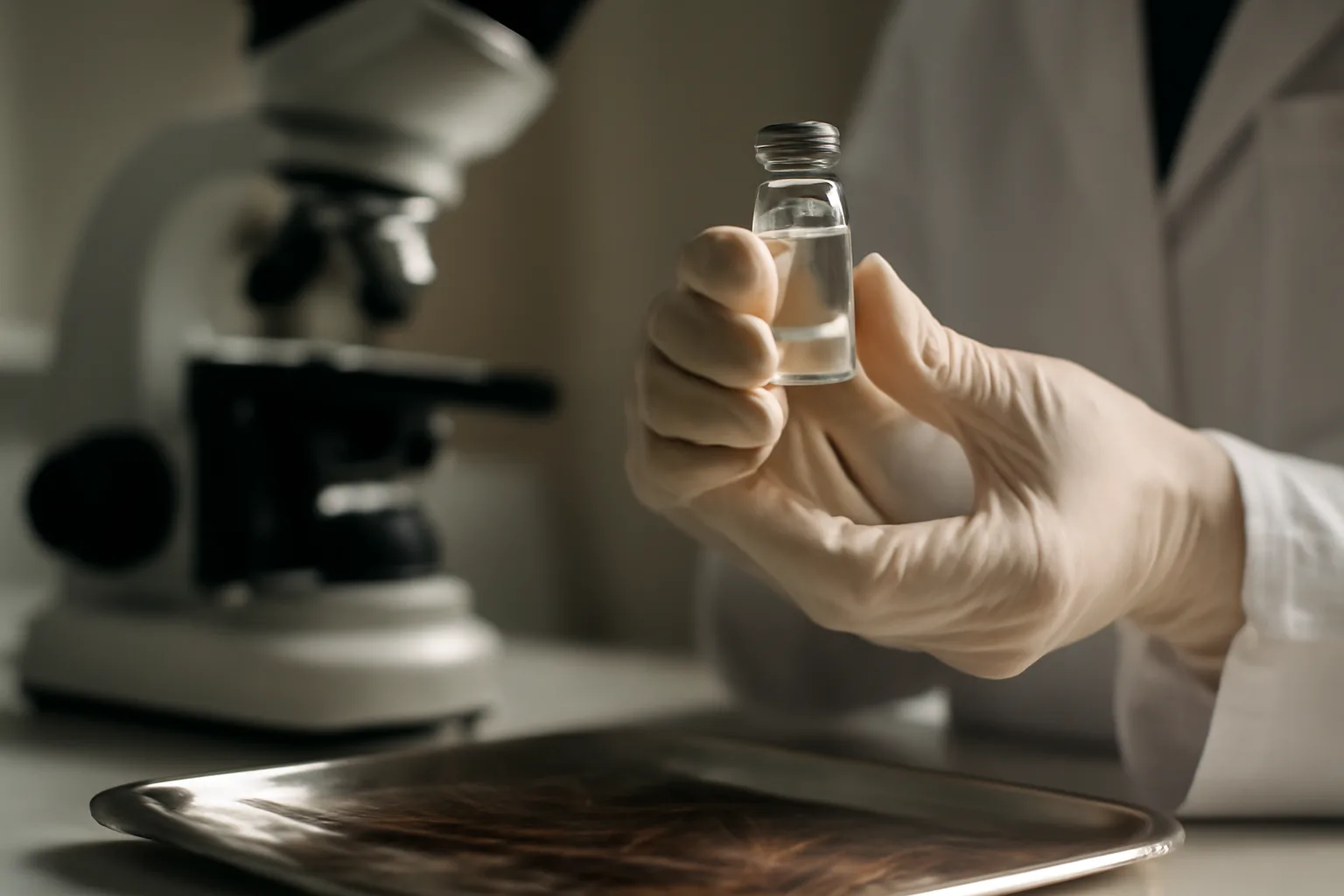 Laboratory vial and microscope beside scalp hair strands representing copper peptide hair growth research