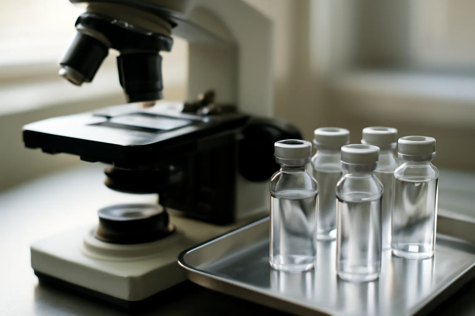 Lab microscope and glass vials representing GHK-Cu peptide hair growth research setting