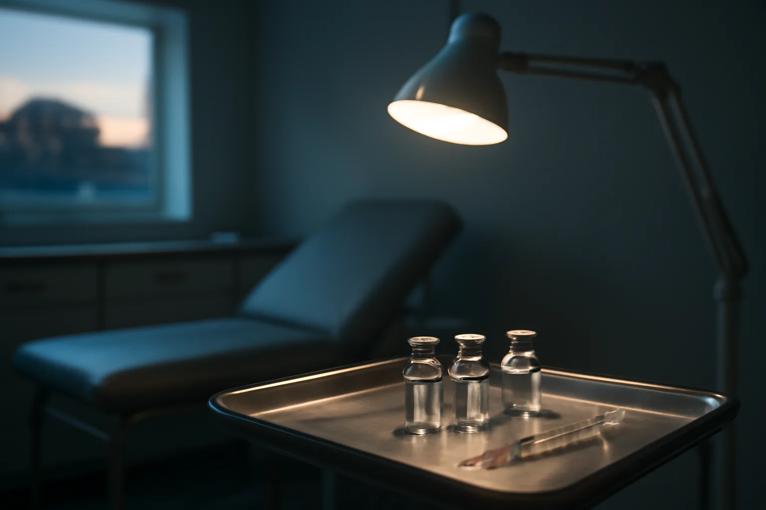 Clinical treatment room tray with vials and syringe for injectable peptide procedure