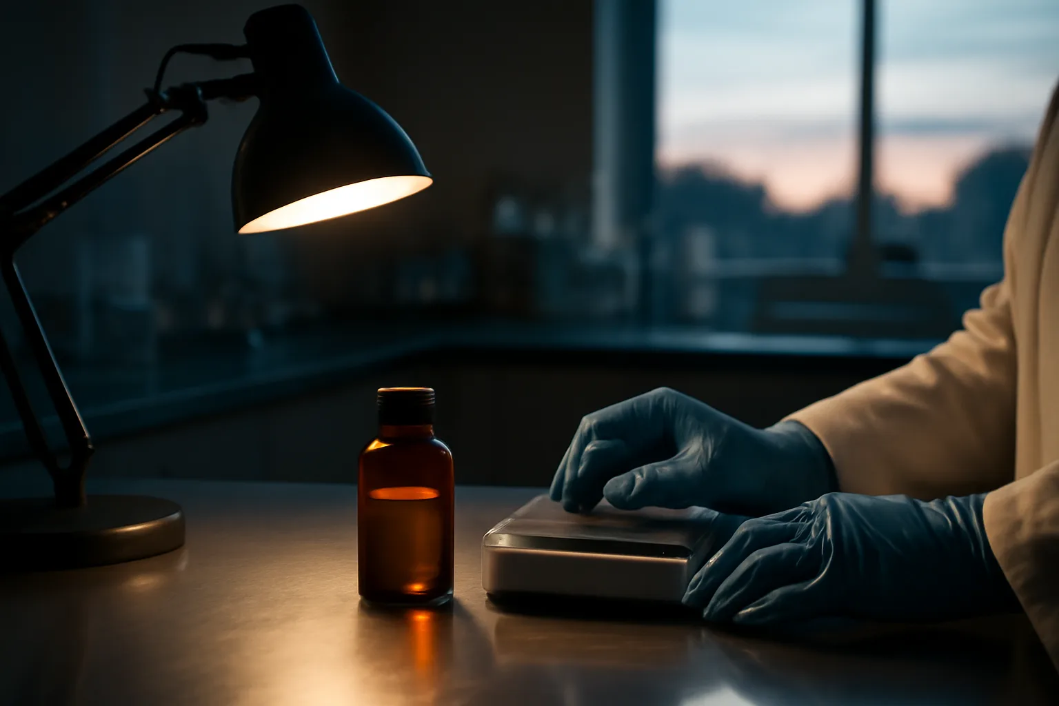 Pharmacist's gloved hands preparing a vial near a precision scale in a compounding pharmacy