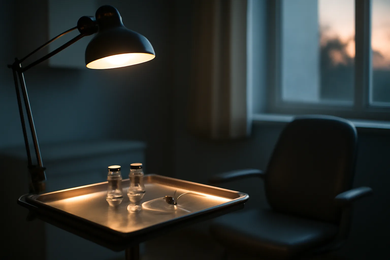 Clinic treatment room with vials and syringe on a tray, evoking GHK-Cu peptide therapy near me