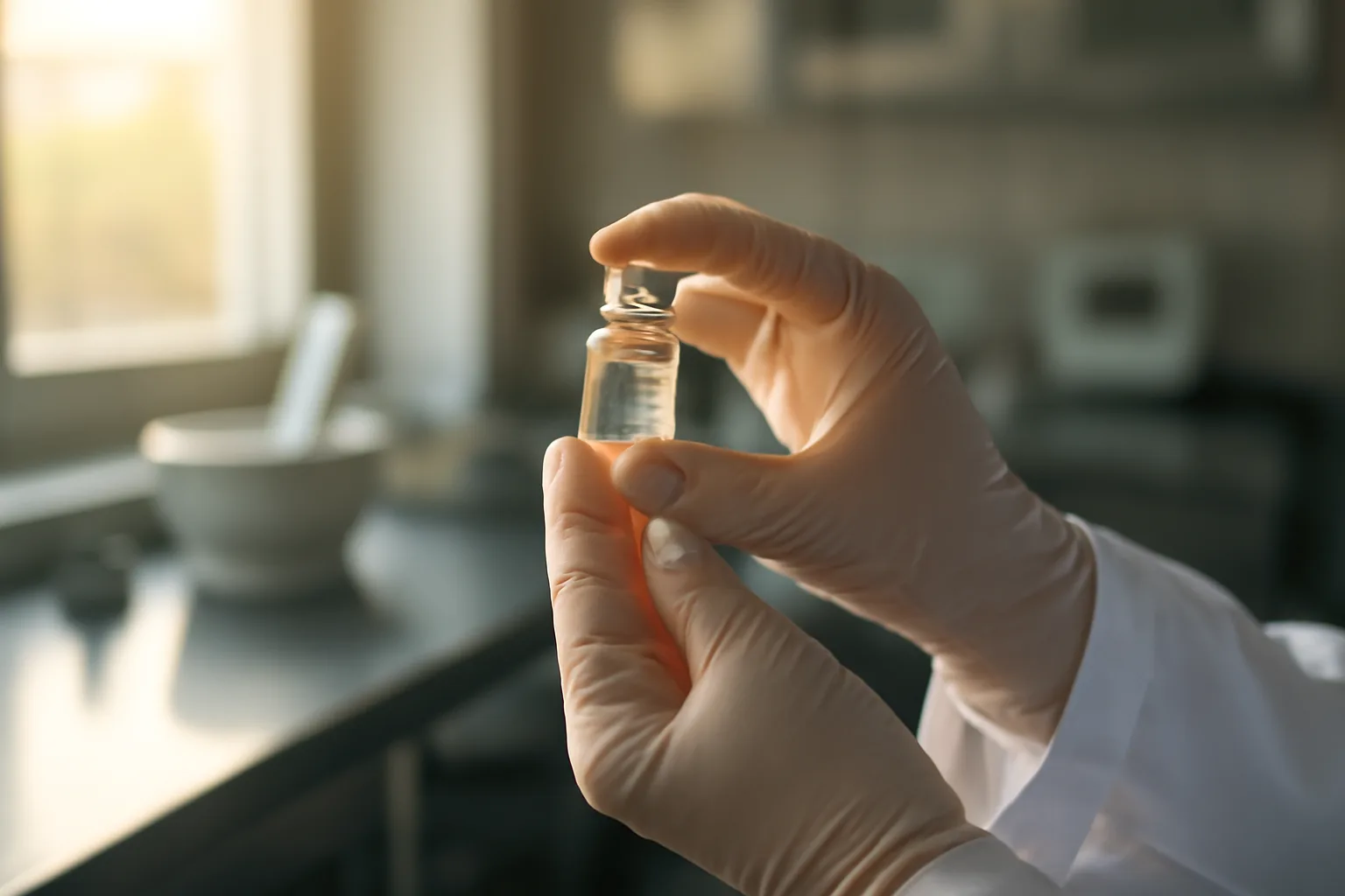 Pharmacist examining a glass vial in a compounding pharmacy under window light