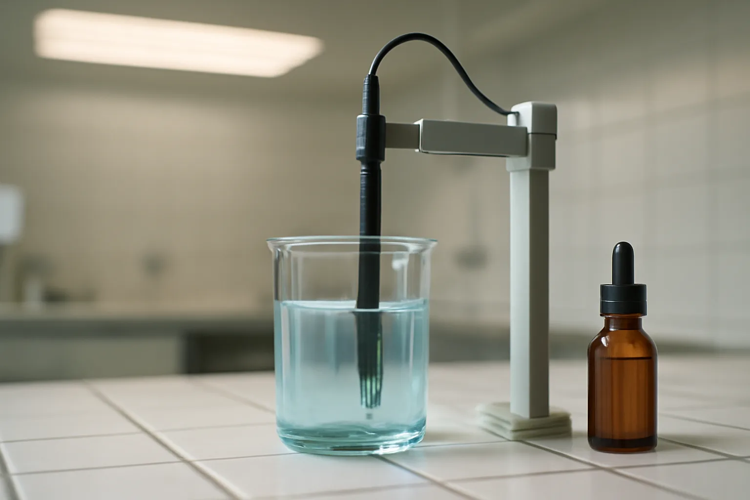 Glass beaker with pale blue GHK-Cu solution and pH meter on laboratory bench