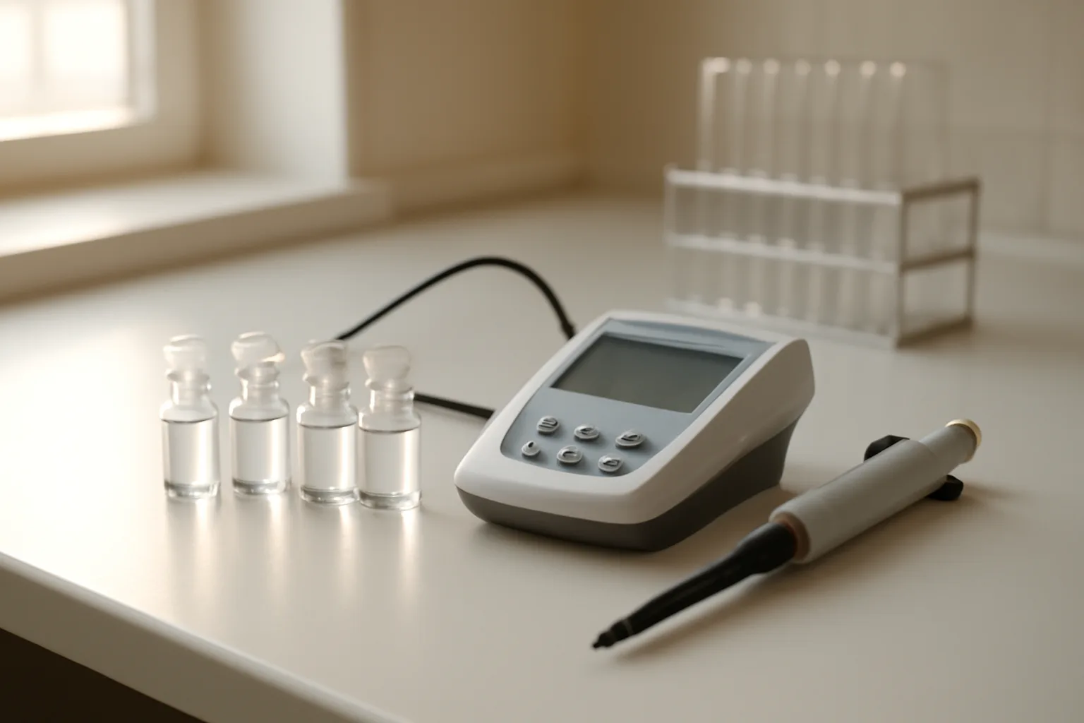 Laboratory equipment for peptide formulation including glass vials and pH meter