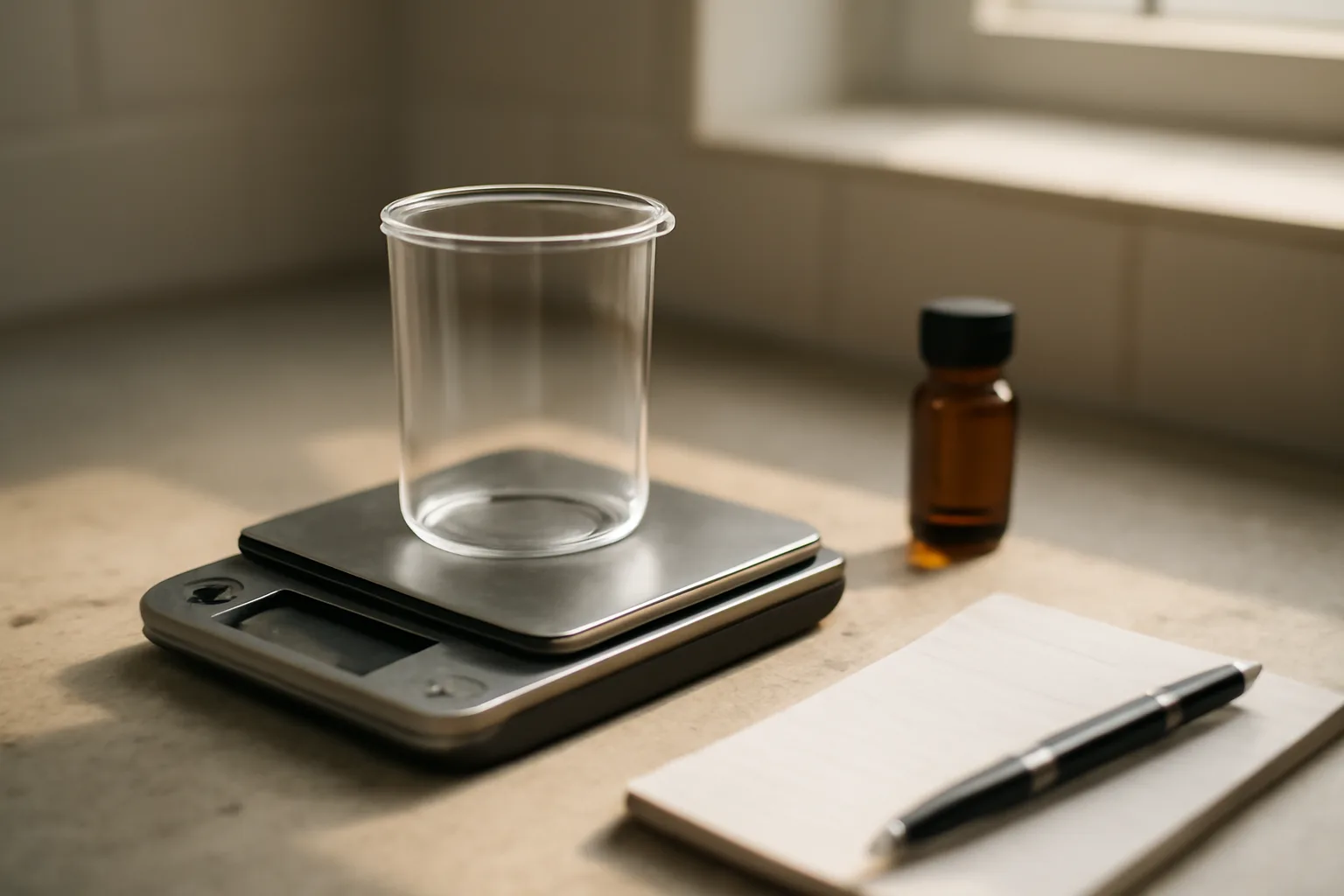 Glass beaker and amber vial on kitchen counter for DIY peptide mixing