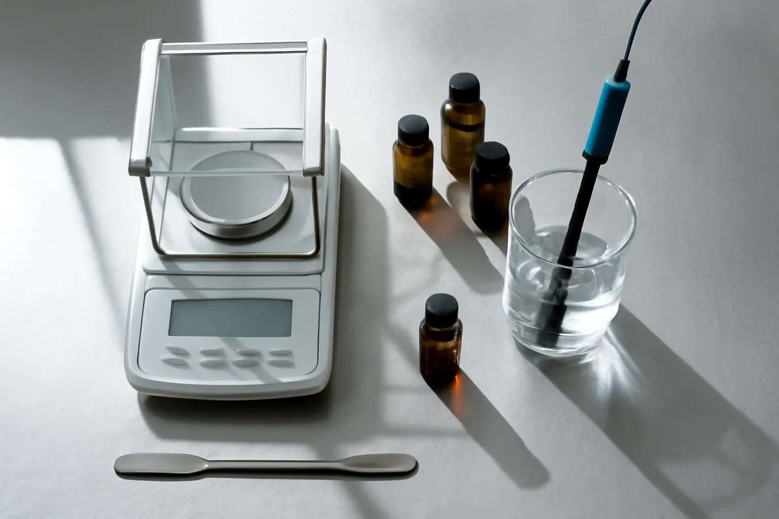 Laboratory equipment for peptide formulation including balance and glassware