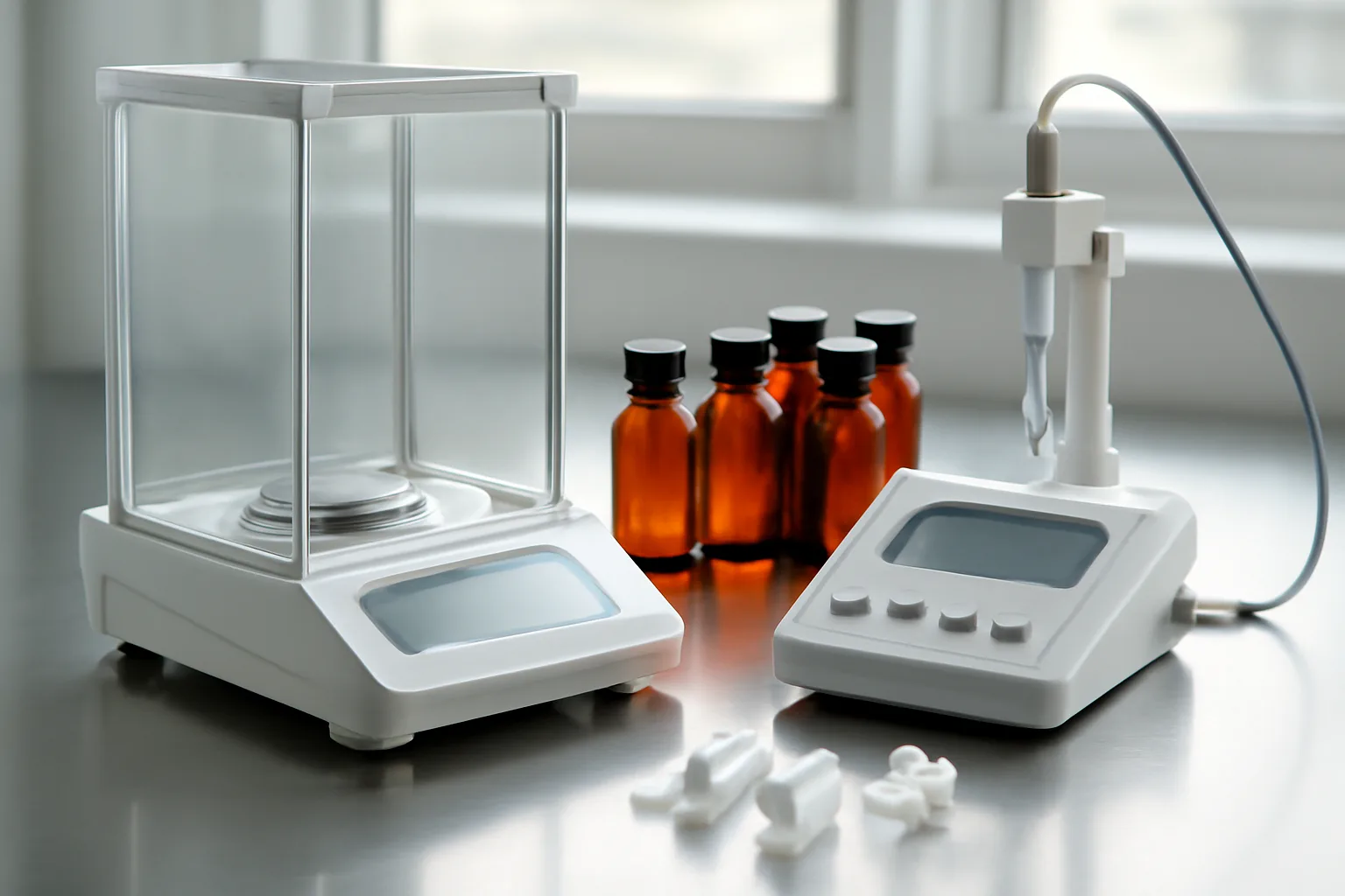 Laboratory equipment for peptide compounding including analytical balance and sterile vials